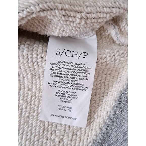 Cabi V Neck Gray Cream French Terry Sweater with Cable Knit Sleeves Size Small - Picture 5 of 8